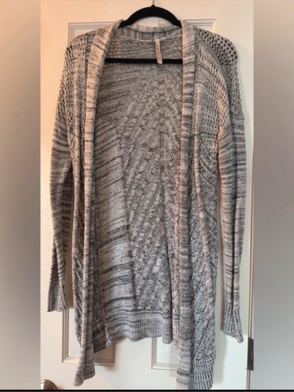 Leo & Nicole Gray Marled Pointelle Open Front Long Cardigan Size M